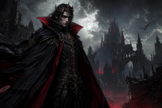 Ilustração editorial de um rei vampiro em um cenário de fantasia sombria, sem textos ou logotipos